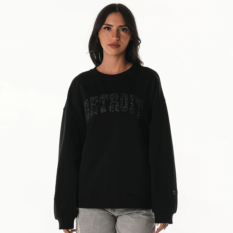 Women's The Wild Collective  Black Detroit Lions Rock Crystal Oversized Crewneck Sweatshirt