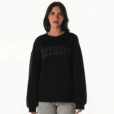 Women's The Wild Collective  Black Detroit Lions Rock Crystal Oversized Crewneck Sweatshirt
