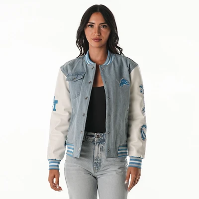 Women's The Wild Collective Denim Detroit Lions Varsity Full-Snap Jacket
