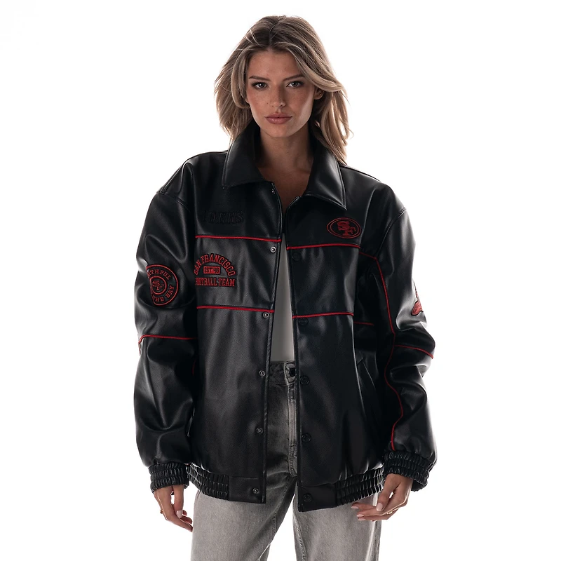 Women's The Wild Collective Black San Francisco 49ers Faux Leather Full-Snap Racing Jacket