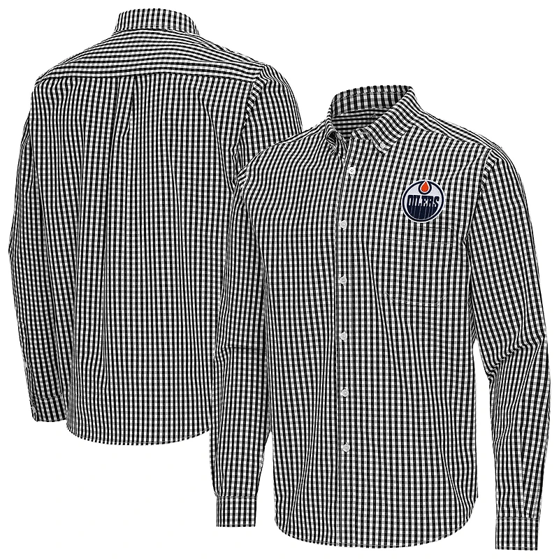 Men's Antigua Black Edmonton Oilers Ellis Tri-Blend Long Sleeve Button-Down Shirt