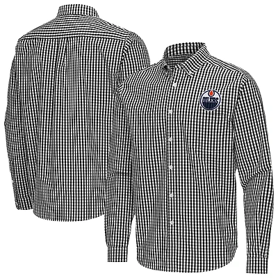 Men's Antigua Black Edmonton Oilers Ellis Tri-Blend Long Sleeve Button-Down Shirt