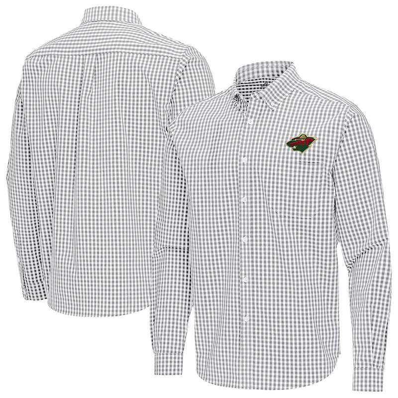 Men's Antigua Gray Minnesota Wild Ellis Tri-Blend Long Sleeve Button-Down Shirt