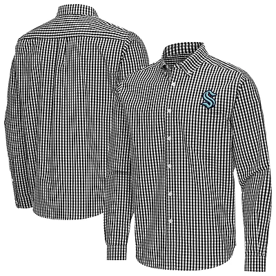 Men's Antigua Black Seattle Kraken Ellis Tri-Blend Long Sleeve Button-Down Shirt