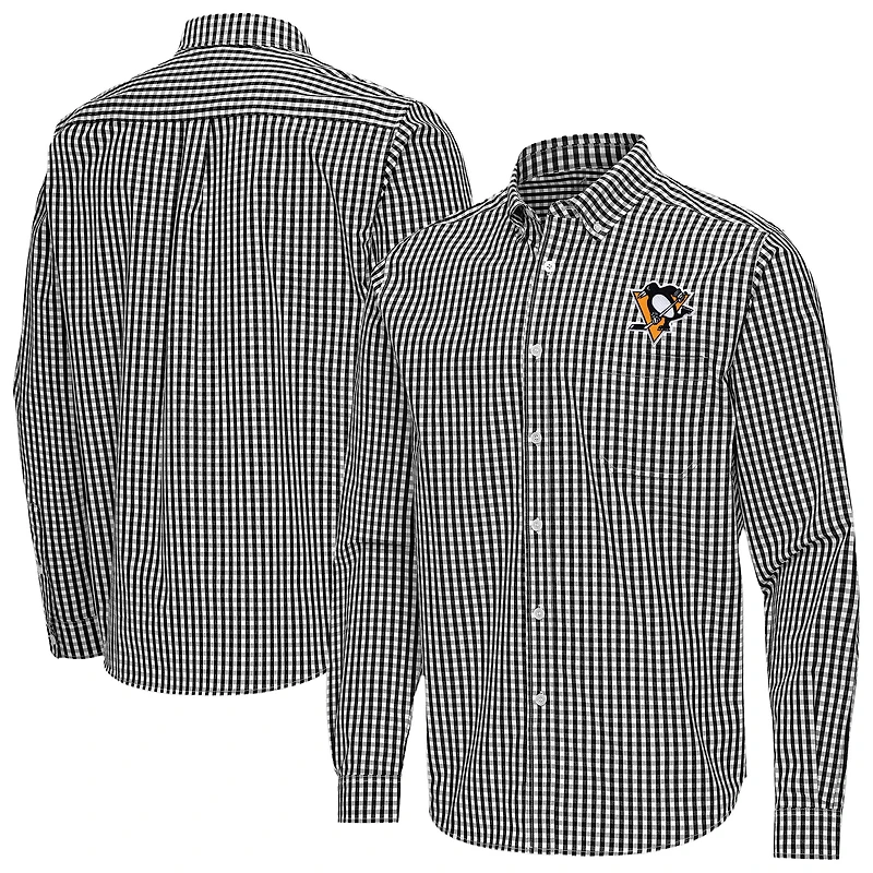 Men's Antigua Black Pittsburgh Penguins Ellis Tri-Blend Long Sleeve Button-Down Shirt