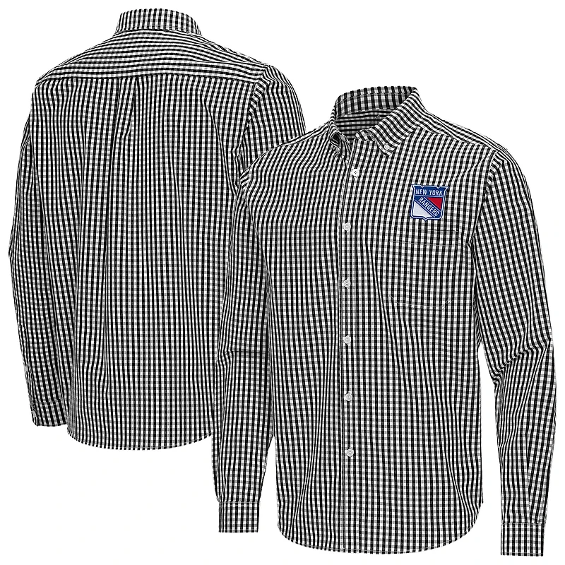 Men's Antigua Black New York Rangers Ellis Tri-Blend Long Sleeve Button-Down Shirt