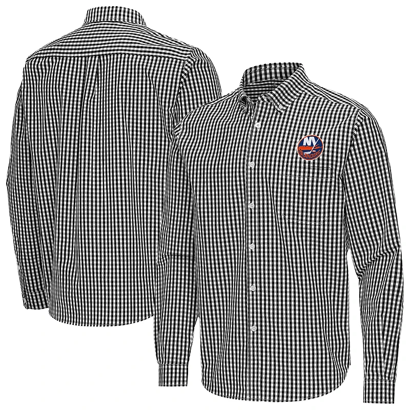 Men's Antigua Black New York Islanders Ellis Tri-Blend Long Sleeve Button-Down Shirt