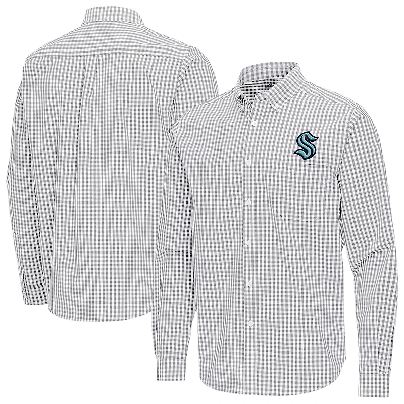 Men's Antigua Gray Seattle Kraken Ellis Tri-Blend Long Sleeve Button-Down Shirt