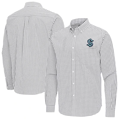Men's Antigua Gray Seattle Kraken Ellis Tri-Blend Long Sleeve Button-Down Shirt