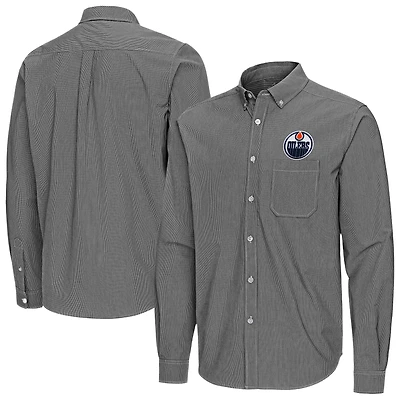 Men's Antigua Black Edmonton Oilers Porter Woven Tri-Blend Long Sleeve Button-Down Shirt