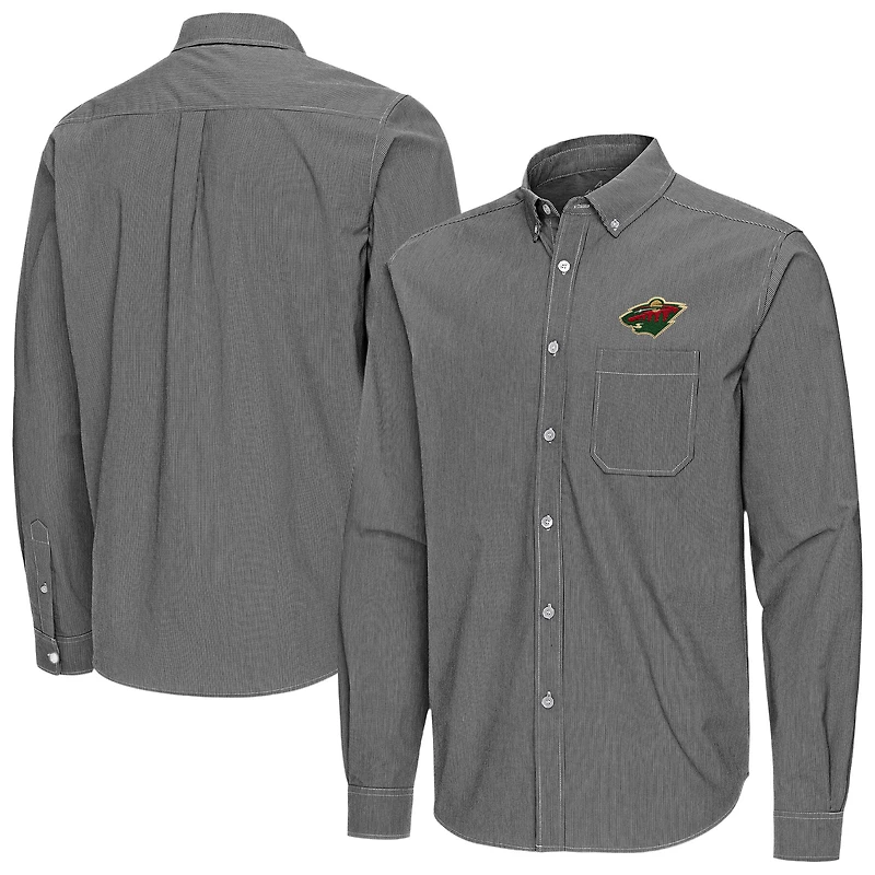 Men's Antigua Black Minnesota Wild Porter Woven Tri-Blend Long Sleeve Button-Down Shirt