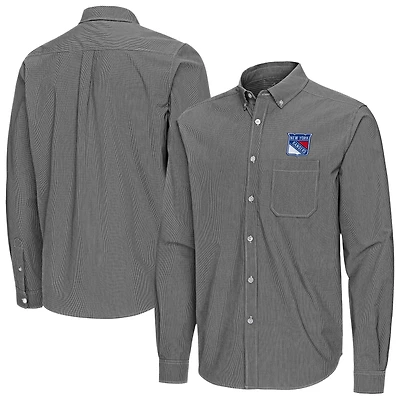 Men's Antigua Black New York Rangers Porter Woven Tri-Blend Long Sleeve Button-Down Shirt