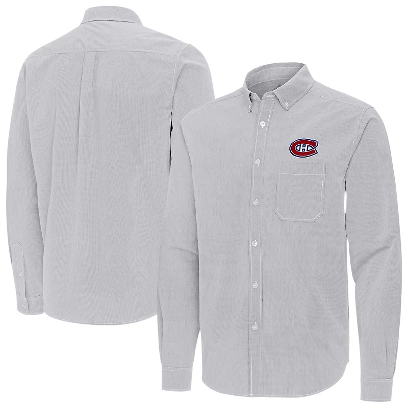 Men's Antigua Gray Montreal Canadiens Porter Woven Tri-Blend Long Sleeve Button-Down Shirt