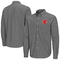 Men's Antigua Black Calgary Flames Porter Woven Tri-Blend Long Sleeve Button-Down Shirt
