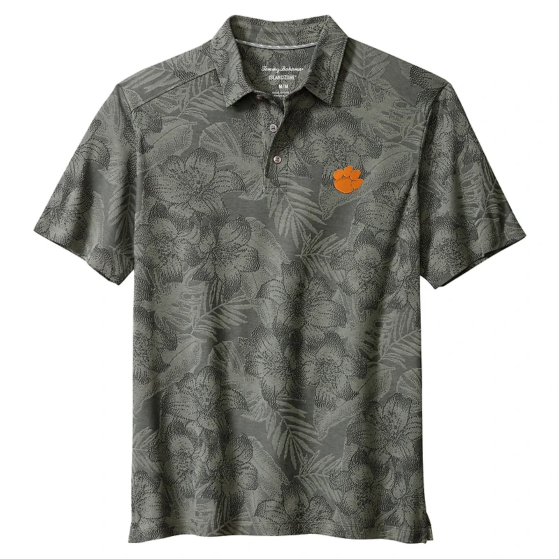 Men's Tommy Bahama Gray Clemson Tigers Palm Fresco Hibiscus IslandZone® Polo