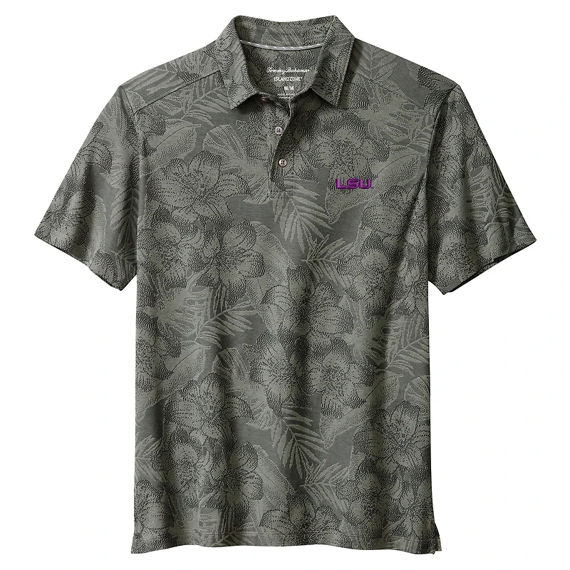 Men's Tommy Bahama Gray LSU Tigers Palm Fresco Hibiscus IslandZone® Polo