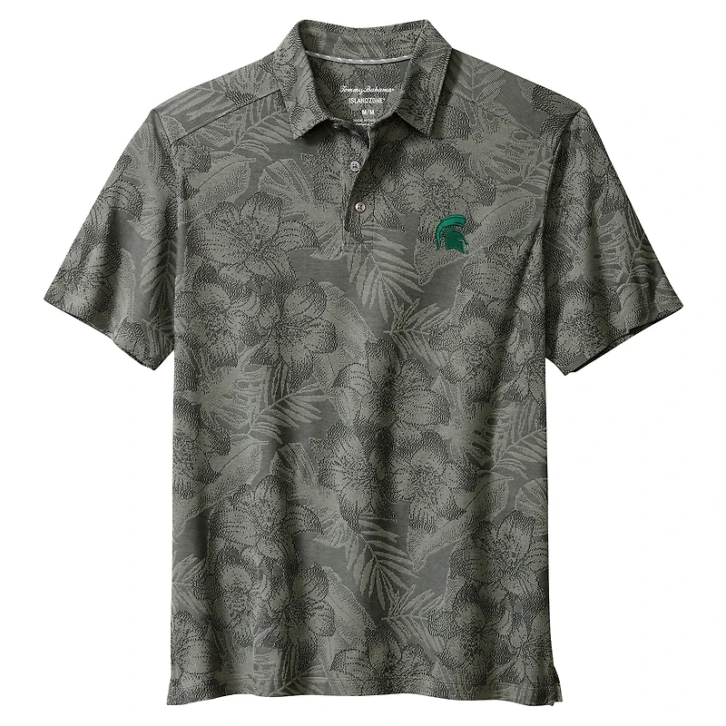 Men's Tommy Bahama Gray Michigan State Spartans Palm Fresco Hibiscus IslandZone® Polo