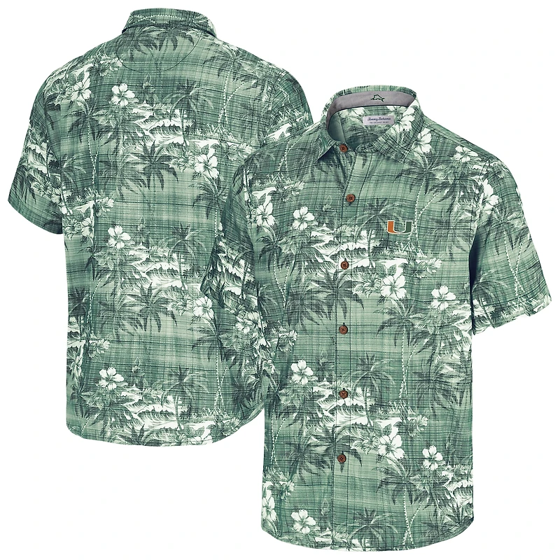 Men's Tommy Bahama Green Miami Hurricanes Coconut Point Palmetta IslandZone Camp Button-Up Shirt