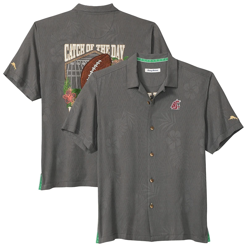 Men's Tommy Bahama Gray Washington State Cougars Catch of the Day Camp IslandZone Button-Up Shirt