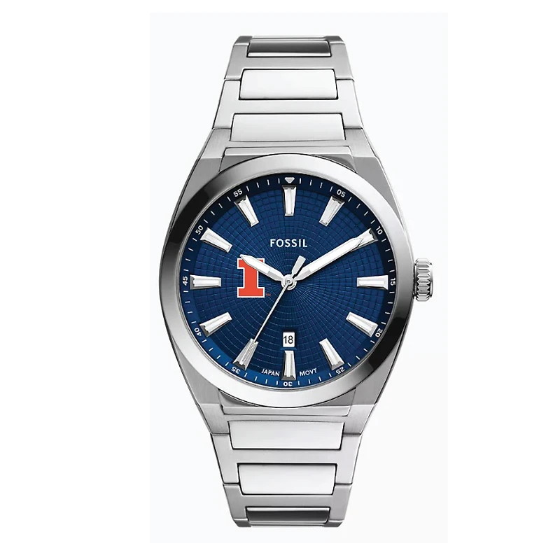 Fossil  Illinois Fighting Illini Everett Three-Hand Date Stainless Steel Watch