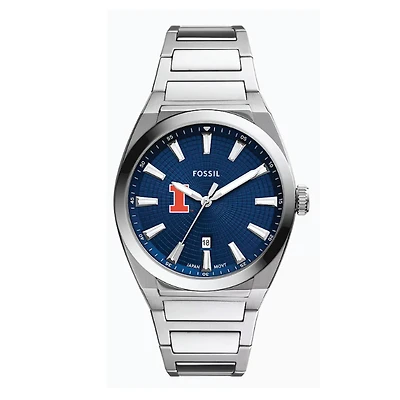 Fossil  Illinois Fighting Illini Everett Three-Hand Date Stainless Steel Watch