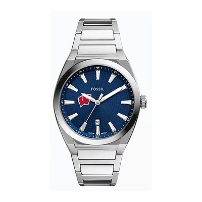Fossil  Wisconsin Badgers Everett Three-Hand Date Stainless Steel Watch