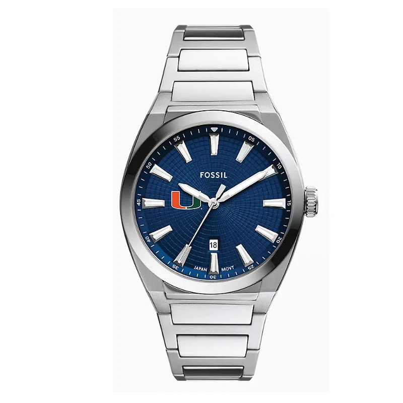 Fossil  Miami Hurricanes Everett Three-Hand Date Stainless Steel Watch