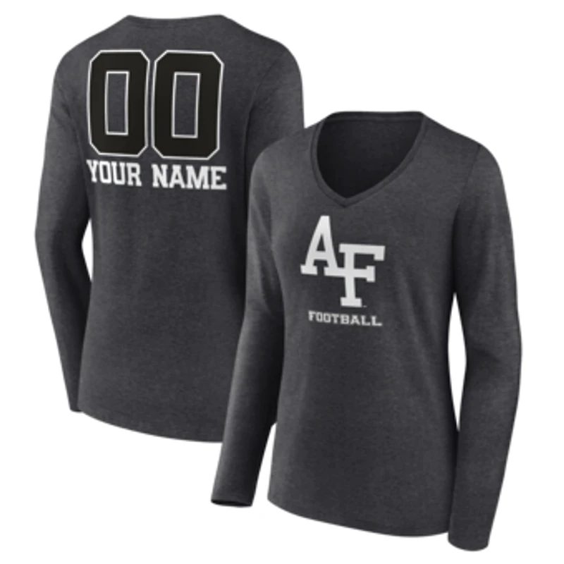 Women's Charcoal Air Force Falcons Personalized Name & Number Monochrome Long Sleeve V-Neck T-Shirt