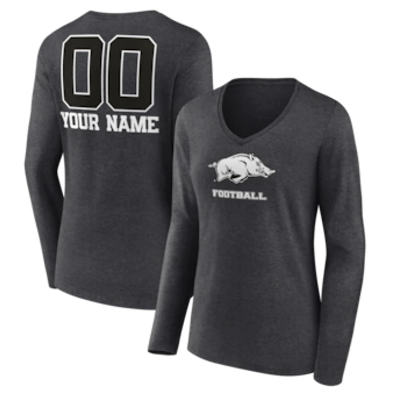 Women's Charcoal Arkansas Razorbacks Personalized Name & Number Monochrome Long Sleeve V-Neck T-Shirt