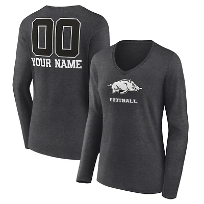 Women's Charcoal Arkansas Razorbacks Personalized Name & Number Monochrome Long Sleeve V-Neck T-Shirt