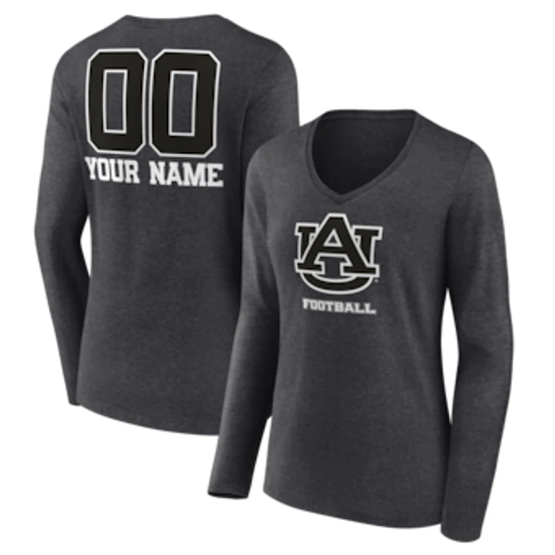 Women's Charcoal Auburn Tigers Personalized Name & Number Monochrome Long Sleeve V-Neck T-Shirt