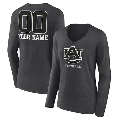 Women's Charcoal Auburn Tigers Personalized Name & Number Monochrome Long Sleeve V-Neck T-Shirt