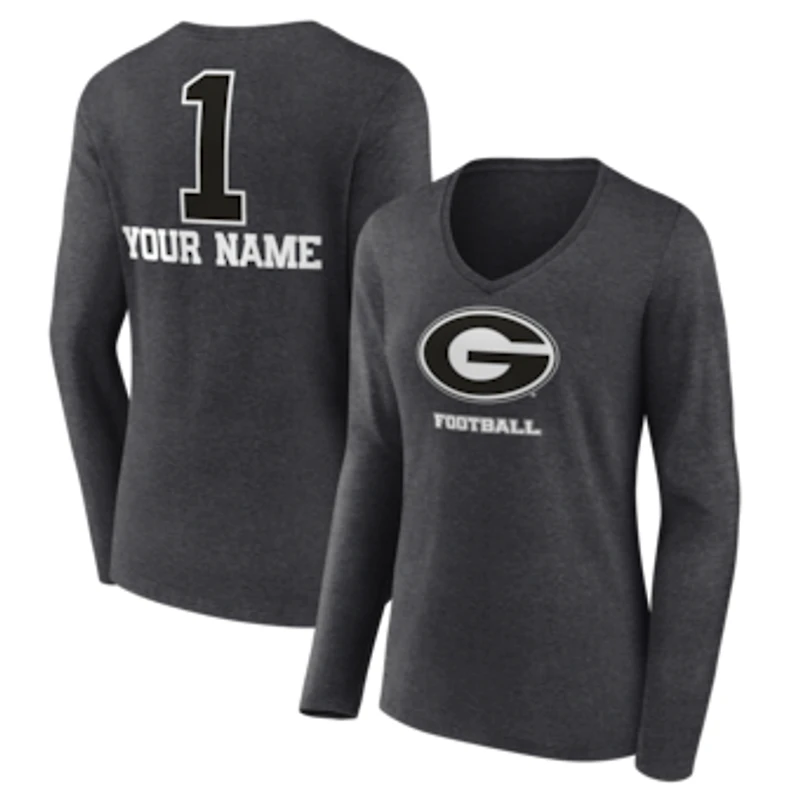 Women's Charcoal Georgia Bulldogs Personalized Any Name Monochrome Long Sleeve V-Neck T-Shirt