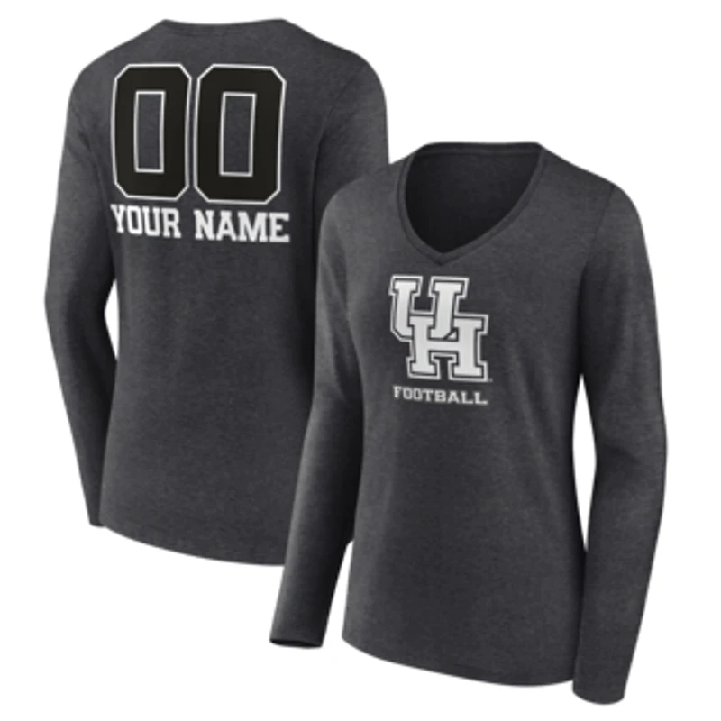 Women's Charcoal Houston Cougars Personalized Name & Number Monochrome Long Sleeve V-Neck T-Shirt