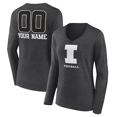 Women's Charcoal Illinois Fighting Illini Personalized Name & Number Monochrome Long Sleeve V-Neck T-Shirt