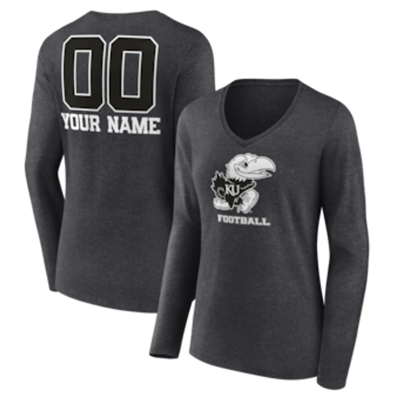 Women's Charcoal Kansas Jayhawks Personalized Name & Number Monochrome Long Sleeve V-Neck T-Shirt
