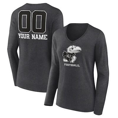 Women's Charcoal Kansas Jayhawks Personalized Name & Number Monochrome Long Sleeve V-Neck T-Shirt
