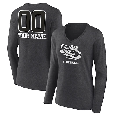 Women's Charcoal LSU Tigers Personalized Name & Number Monochrome Long Sleeve V-Neck T-Shirt