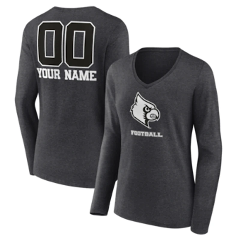 Women's Charcoal Louisville Cardinals Personalized Name & Number Monochrome Long Sleeve V-Neck T-Shirt