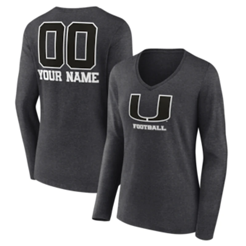 Women's Charcoal Miami Hurricanes Personalized Name & Number Monochrome Long Sleeve V-Neck T-Shirt