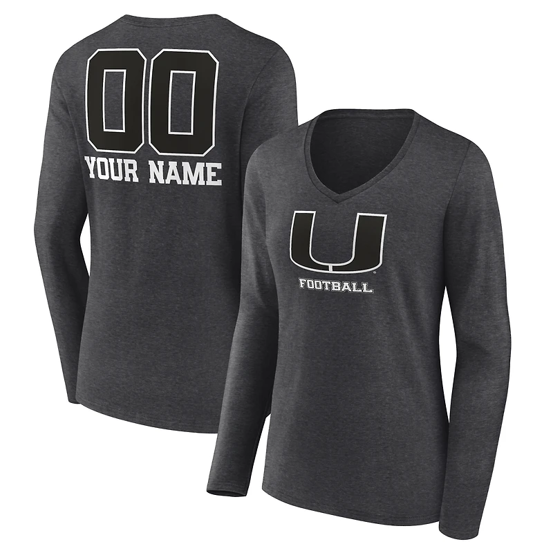Women's Charcoal Miami Hurricanes Personalized Name & Number Monochrome Long Sleeve V-Neck T-Shirt