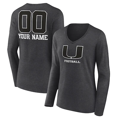Women's Charcoal Miami Hurricanes Personalized Name & Number Monochrome Long Sleeve V-Neck T-Shirt