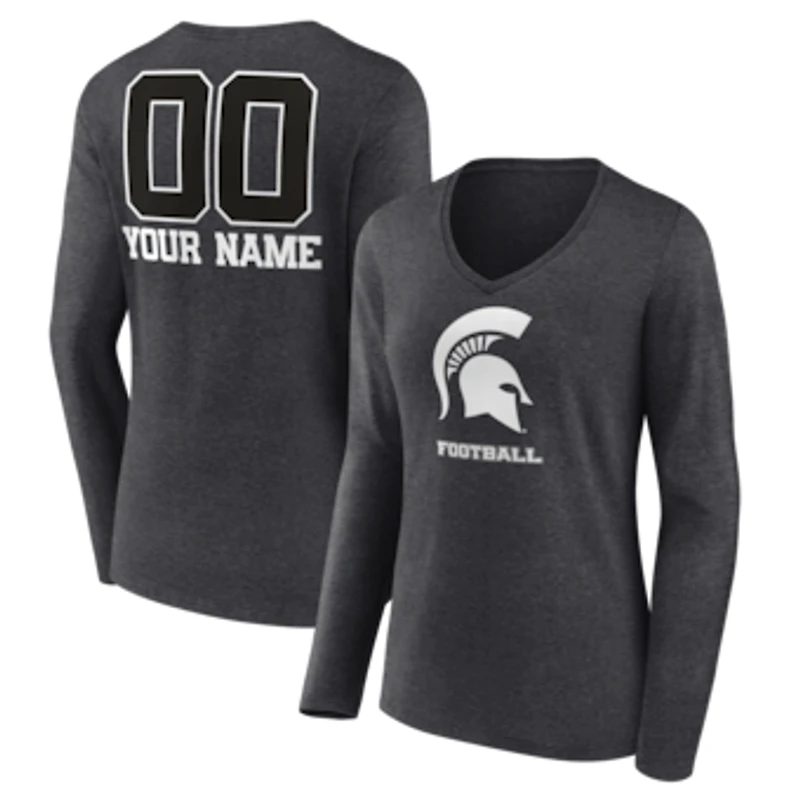 Women's Charcoal Michigan State Spartans Personalized Name & Number Monochrome Long Sleeve V-Neck T-Shirt