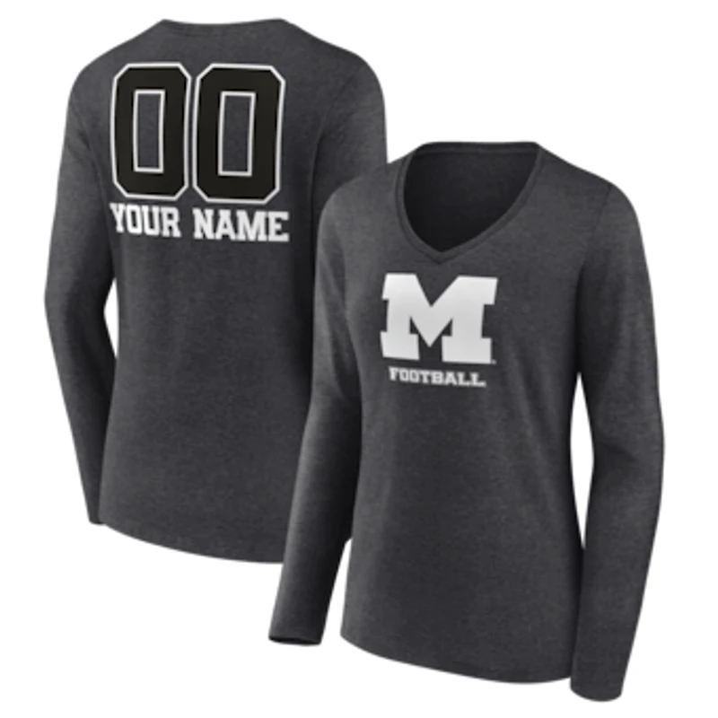 Women's Charcoal Michigan Wolverines Personalized Name & Number Monochrome Long Sleeve V-Neck T-Shirt