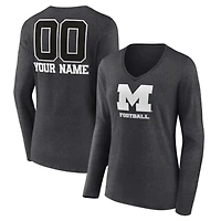 Women's Charcoal Michigan Wolverines Personalized Name & Number Monochrome Long Sleeve V-Neck T-Shirt