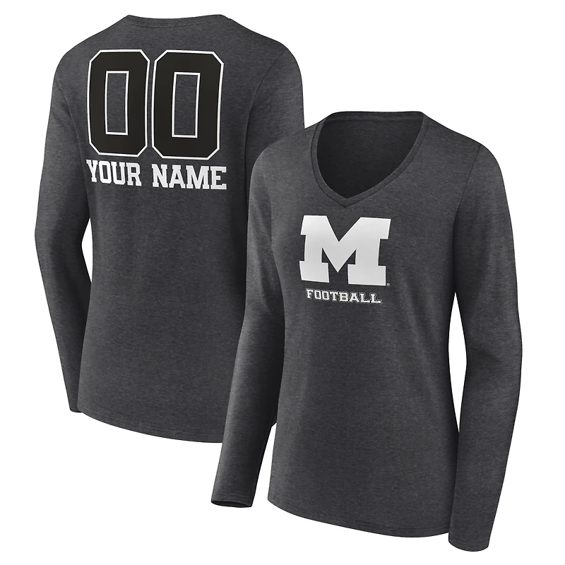 Women's Charcoal Michigan Wolverines Personalized Name & Number Monochrome Long Sleeve V-Neck T-Shirt