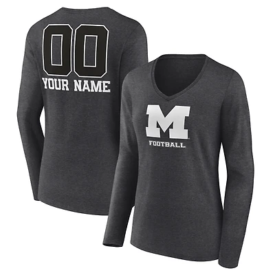 Women's Charcoal Michigan Wolverines Personalized Name & Number Monochrome Long Sleeve V-Neck T-Shirt