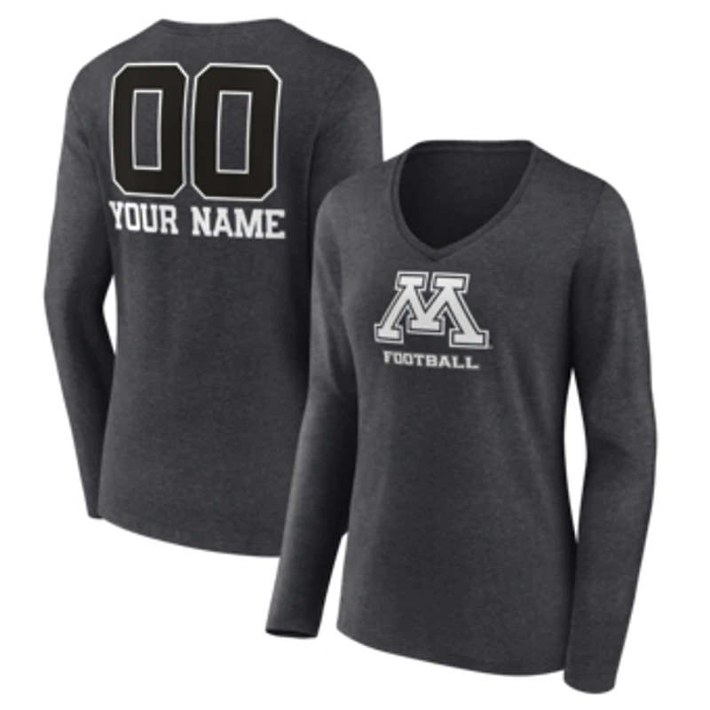 Women's Charcoal Minnesota Golden Gophers Personalized Name & Number Monochrome Long Sleeve V-Neck T-Shirt