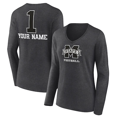 Women's Charcoal Mississippi State Bulldogs Personalized Any Name Monochrome Long Sleeve V-Neck T-Shirt