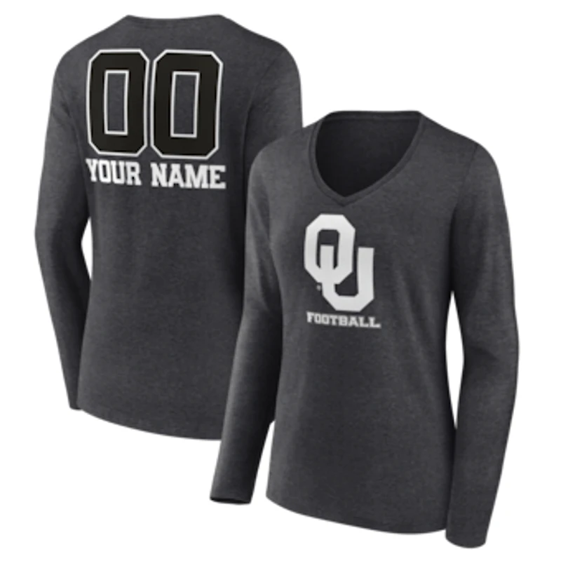 Women's Charcoal Oklahoma Sooners Personalized Name & Number Monochrome Long Sleeve V-Neck T-Shirt